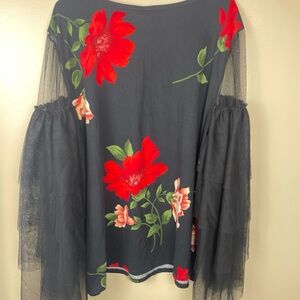 Dice Soft Women's Black Floral Stretchy Chiffon Sheer Mesh Long Sleeves Blouse